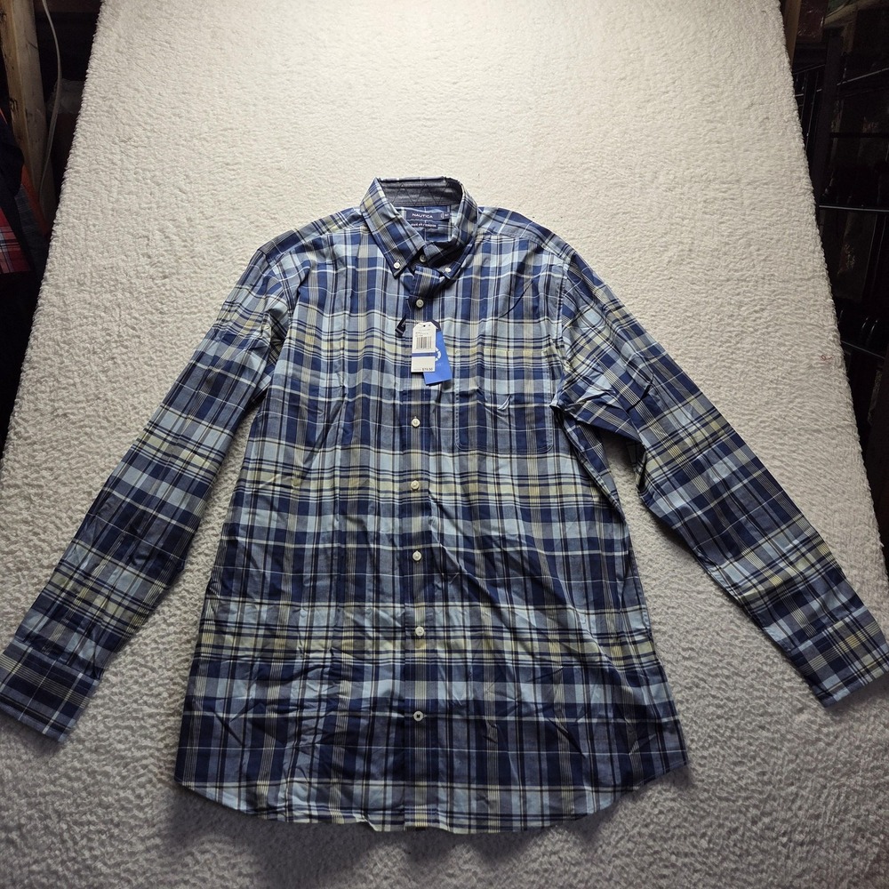 Nautica Shirt Mens XLT Blue Plaid Long Sleeve Stretch Button-Down Casual